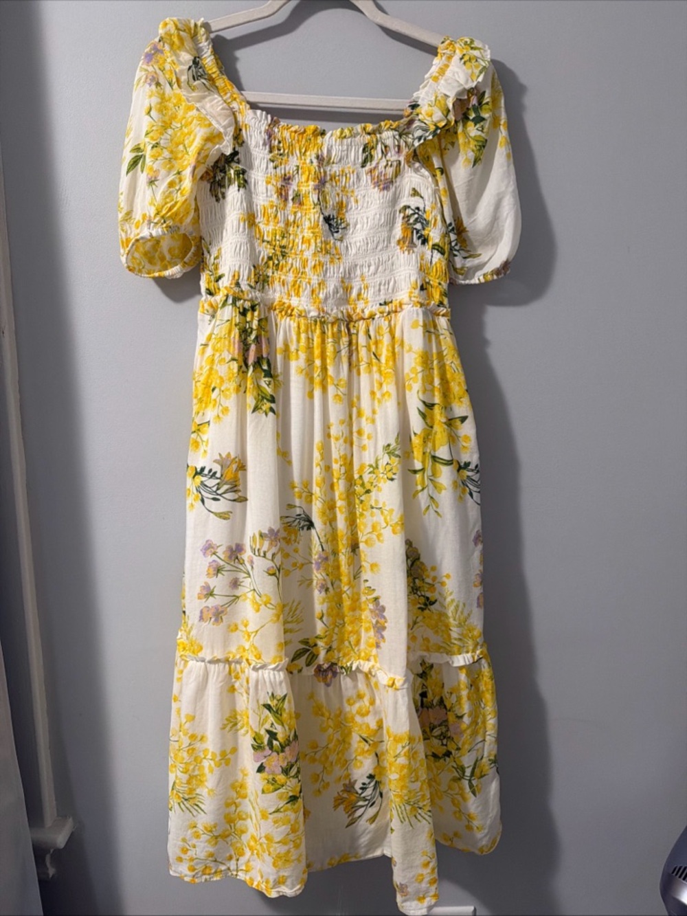 Vineyard Vines Yellow Floral Smocked Feminine Midi Dress Pockets XL 16